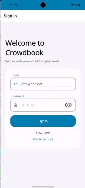 Sign in screen with email and password fields and a Sign in button.