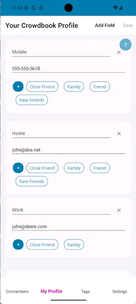 My Profile screen with email fields and a Mobile phone number field each with various tags.