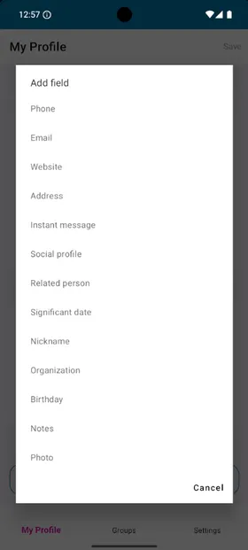 Add field picker listing Phone, Email, Website, Address, Instant message, Social profile, Related person, Significant date, Nickname, Organization, Birthday, Notes, and Photo.