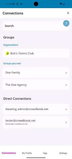 Connections screen listing Groups and Direct Connections with a menu button in the toolbar.