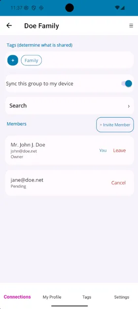 Doe Family group screen with a Sync this group to my device toggle, a member list showing an owner and a pending invite, and menu button for rename, transfer ownership, and delete.