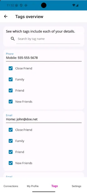 The tags overview screen showing each contact detail with checkboxes for each tag.