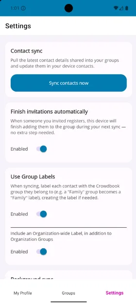 Settings screen with a Sync contacts now button, and toggles for Finish invitations automatically and Use Group Labels.